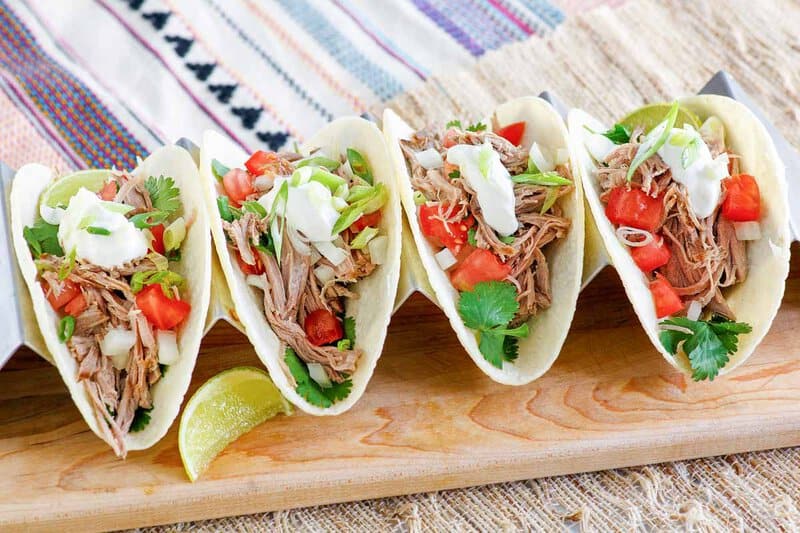 Four tacos with copycat Chipotle carnitas.