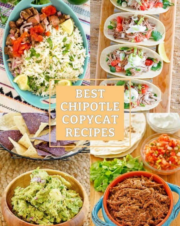 Copycat Chipotle cilantro lime rice, carnitas, guacamole, and barbacoa.
