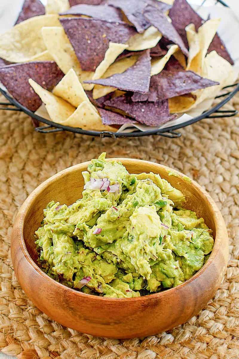 Copycat Chipotle guacamole and tortilla chips.