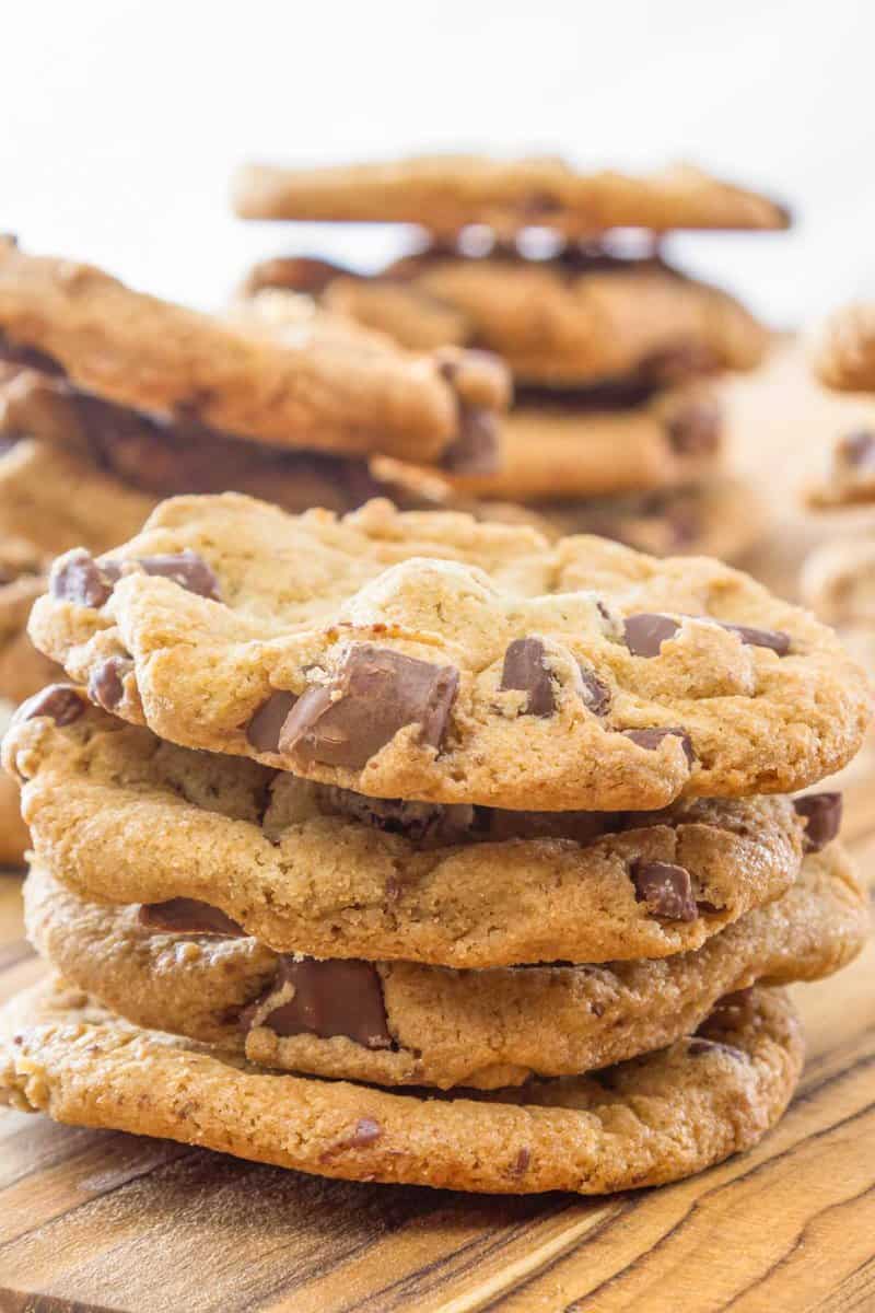 Homemade chocolate chippers in stacks.