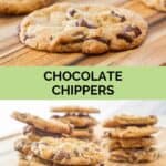 Chocolate chippers on a wood board.