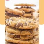 Stacks of chocolate chipper cookies.
