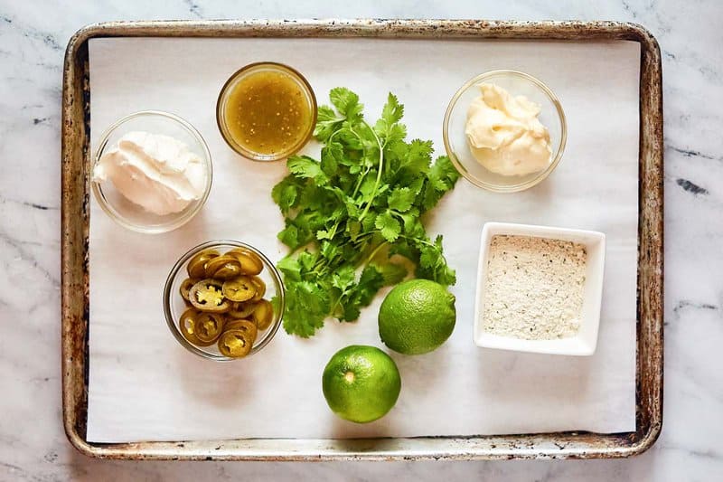 Copycat Chuy's creamy jalapeno dip ingredients on a tray.