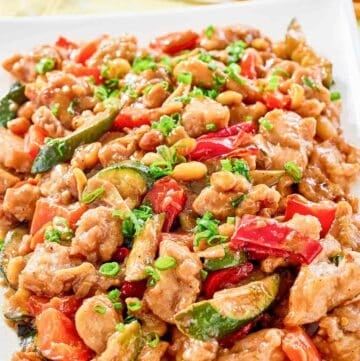 Copycat Panda Express kung pao chicken on a plate.