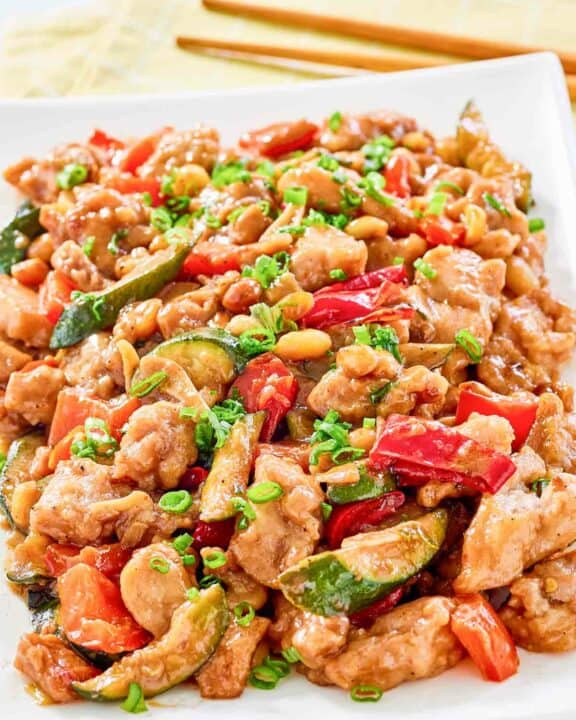Copycat Panda Express kung pao chicken on a plate.