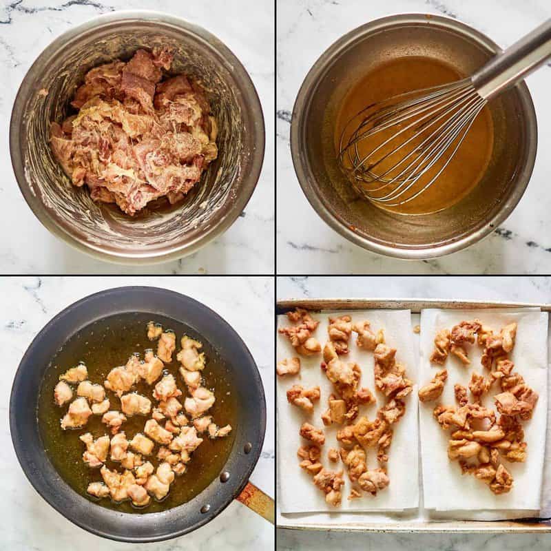 Collage of preparing chicken and sauce for copycat Panda Express kung pao chicken.