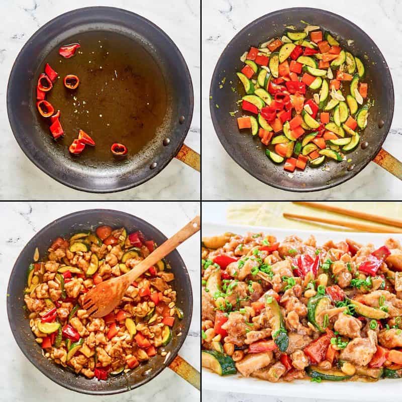 Collage of making copycat Panda Express kung pao chicken.