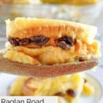 A slice of homemade Raglan Road bread pudding on a wooden spoon.