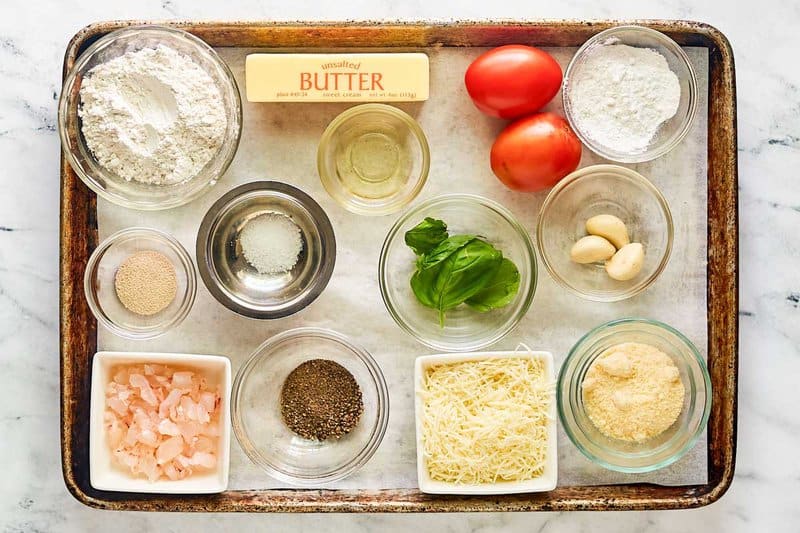 Copycat Red Lobster lobster pizza ingredients on a tray.