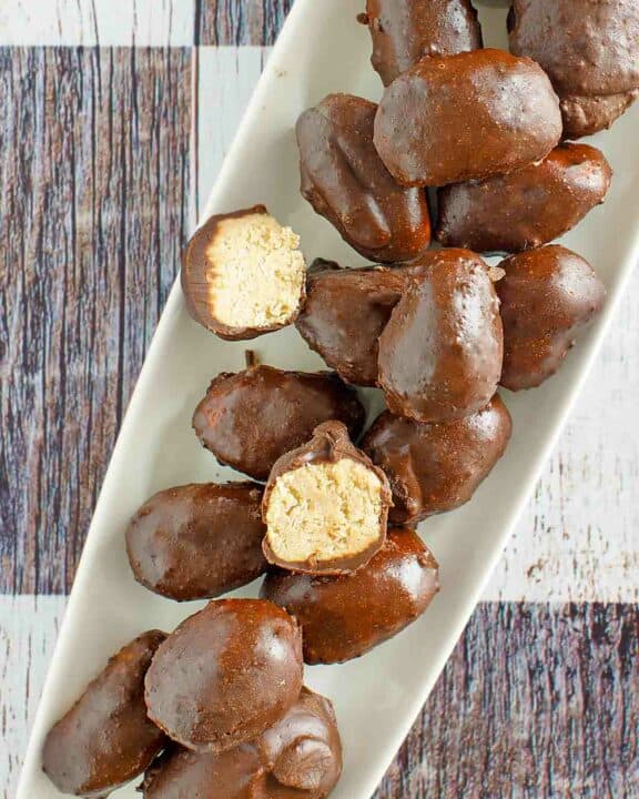 Copycat Reese's peanut butter eggs candy on a platter.