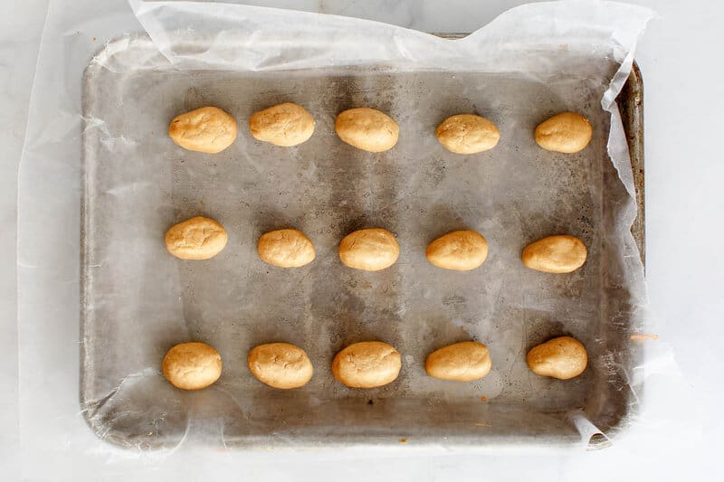 Peanut butter filling mixture formed into egg shape.