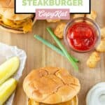 Copycat Steak and Shake garlic double steak burger, ketchup, and tater tots.