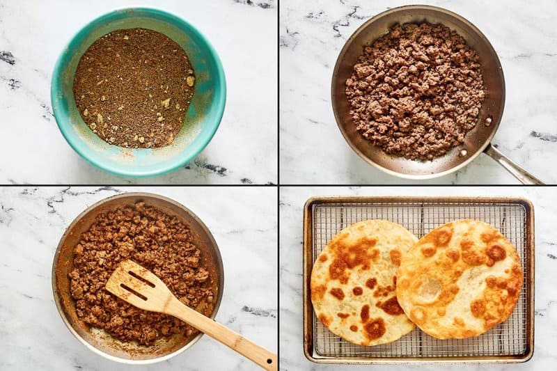 Collage of cooking beef and tortilla shells for copycat Taco Bell Mexican pizza.