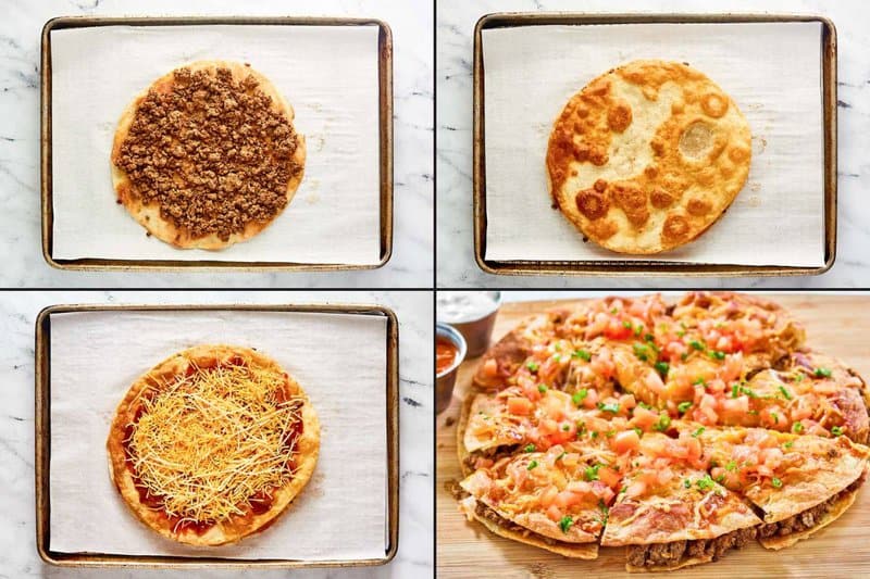 Collage of assembling and serving a Taco Bell Mexican pizza.