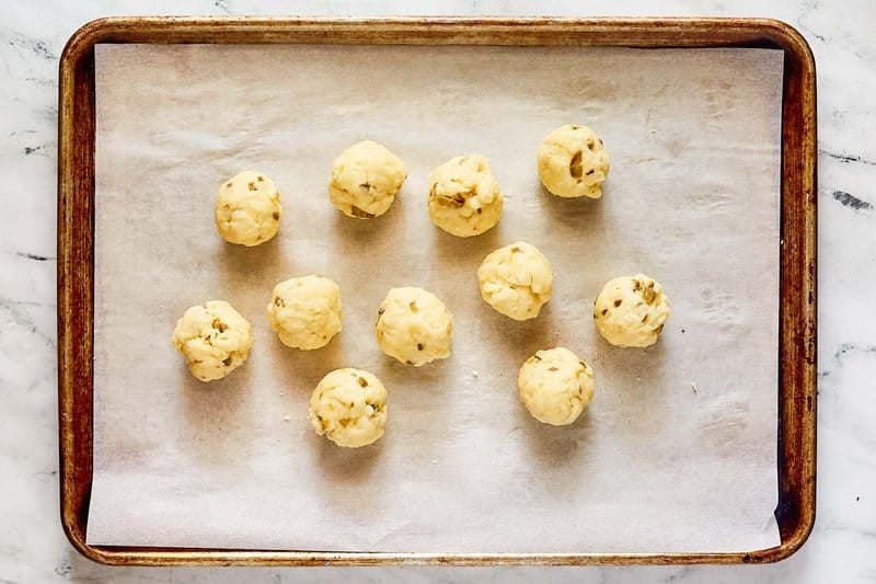 Jalapeno cheese balls on a tray.