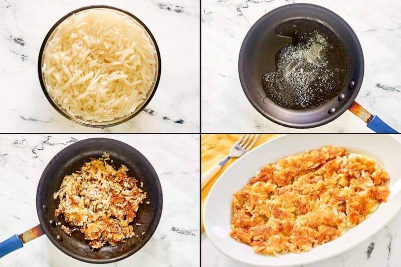 Collage of making copycat Waffle House hash browns.