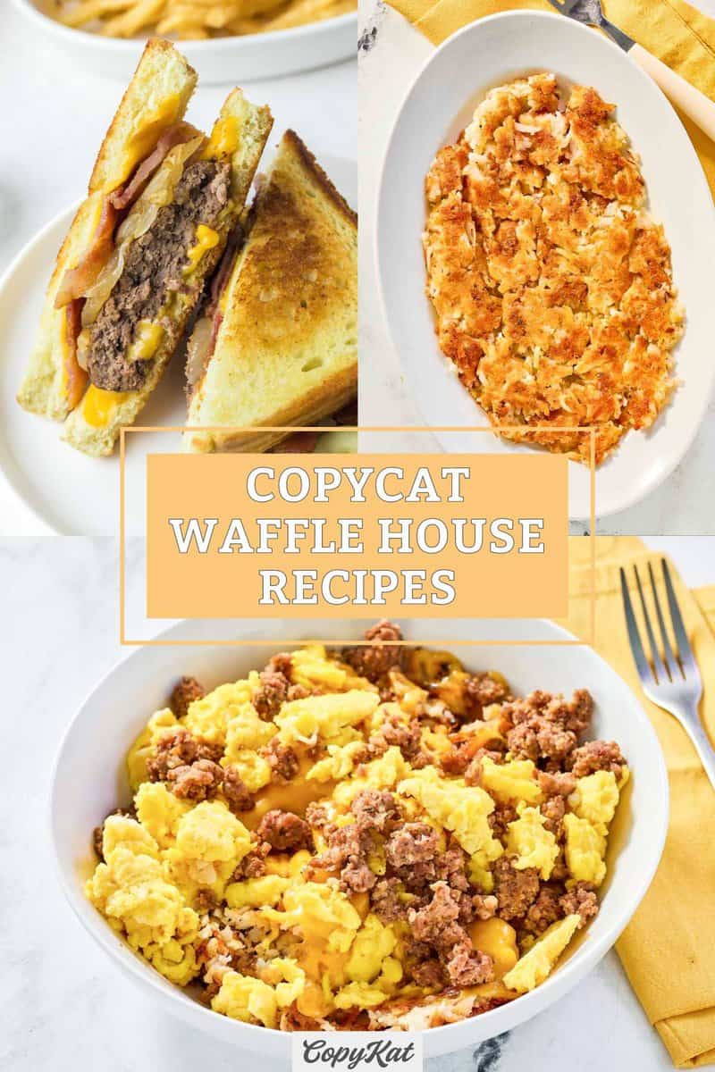 Copycat Waffle House Texas patty melt, hash browns, and hashbrown bowl.