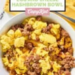 Homemade Waffle House hash brown bowl made with sausage, egg, and cheese.