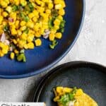 Homemade Chipotle corn salsa in a bowl and on a tortilla chip.