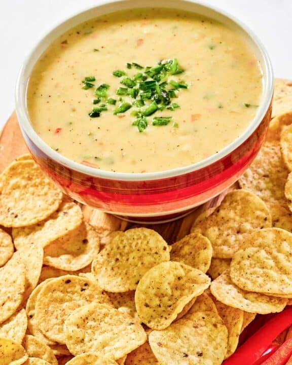 Copycat Chipotle queso blanco and tortilla chips.