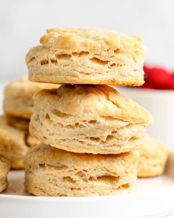 Homemade freezer biscuits on a plate.