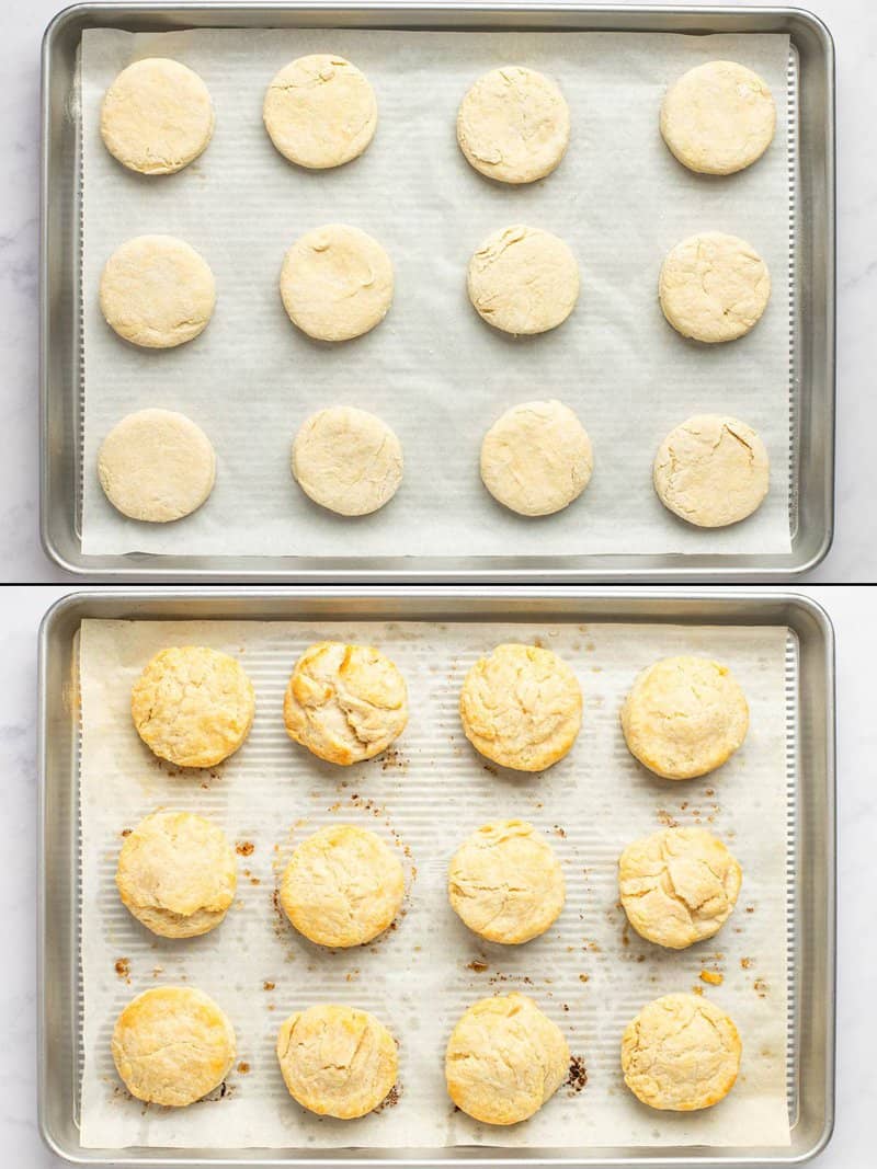 Homemade freezer biscuits before and after baking.