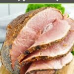 Copycat honey baked ham with slices partially cut through it.