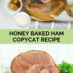 Honey baked ham ingredients and the finished ham on a wood board.