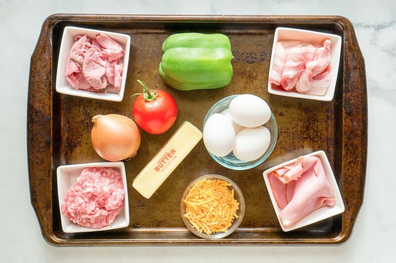 Copycat IHOP Colorado omelette ingredients on a tray.