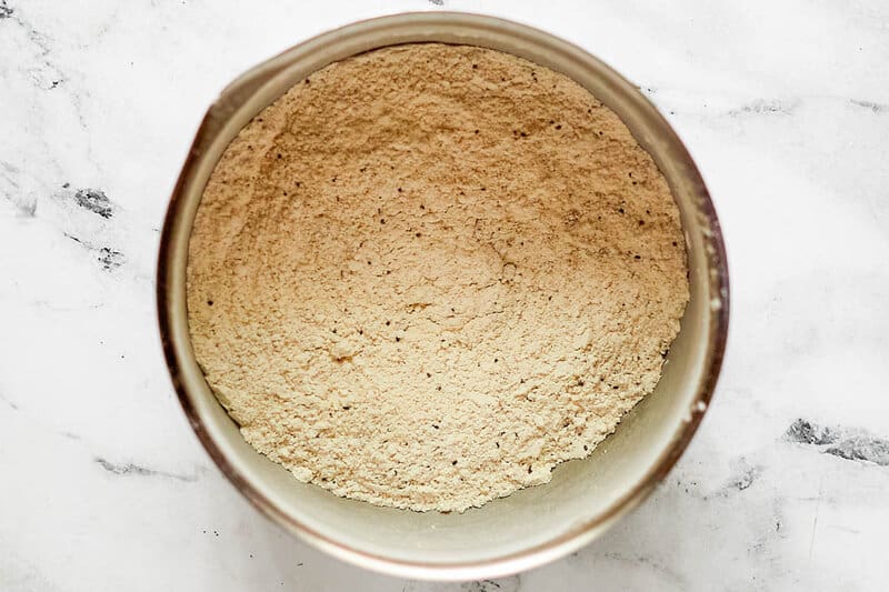 Copycat IHOP protein pancakes dry ingredients in a mixing bowl.