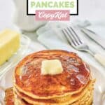A stack of homemade IHOP protein pancakes with butter and syrup on a plate.