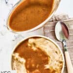 Homemade KFC gravy on mashed potatoes and in a gravy boat.