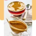 Homemade KFC gravy in a gravy boat and on mashed potatoes.