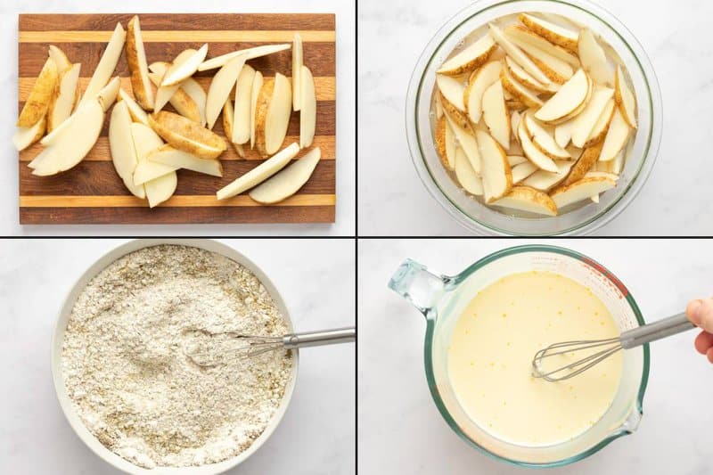 Collage of potato wedges being cut and soaked and preparing breading for them.