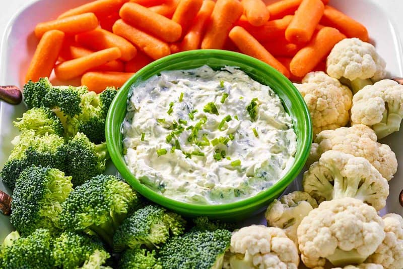 Copycat Melting Pot green goddess dip, broccoli, cauliflower, and carrots.