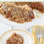 Old-fashioned oatmeal cake slice next to the cake.