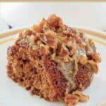 A slice of old-fashioned oatmeal cake on a plate.