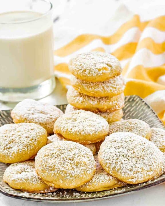 Copycat Panera lemon drop cookies on a plate.
