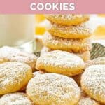 Homemade Panera lemon drop cookies piled and stacked on a plate.