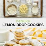 Copycat Panera lemon drop cookies ingredients and the cookies on a plate.