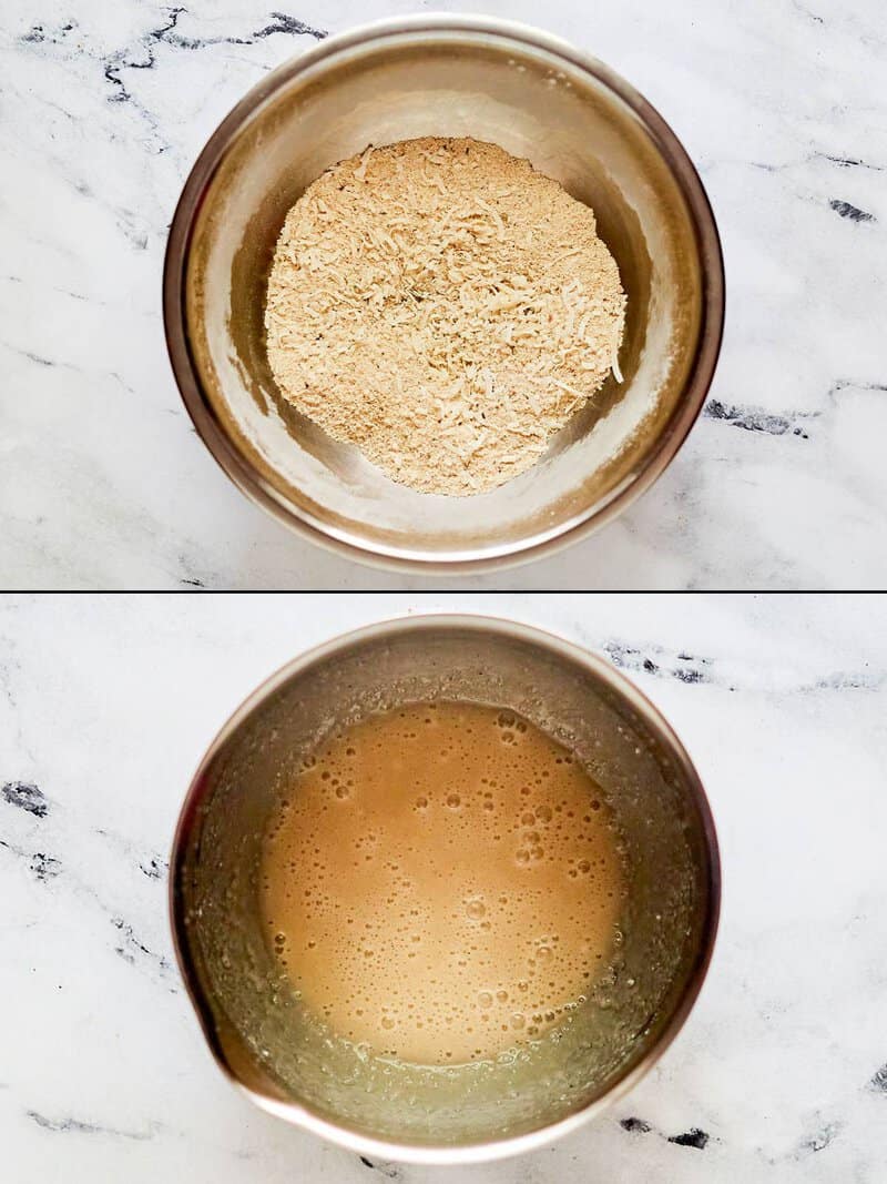 Collage of dry and wet breading mixtures for copycat Red Lobster coconut shrimp.
