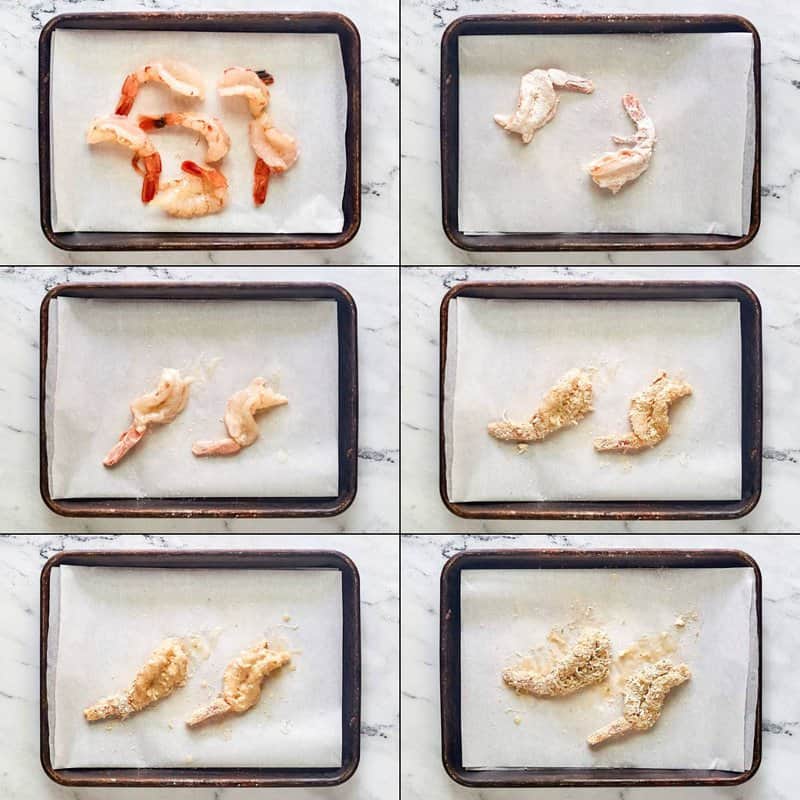 Collage of breading shrimp to make copycat Red Lobster coconut shrimp.