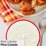 Homemade Red Lobster pina colada coconut shrimp dipping sauce in a bowl and a plate of coconut shrimp.