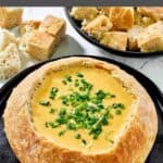 Homemade Red Lobster ultimate fondue and a bowl of bread cubes.