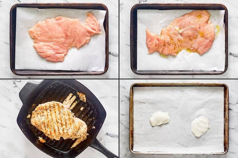 Preparing chicken and cheese for chicken bryan.