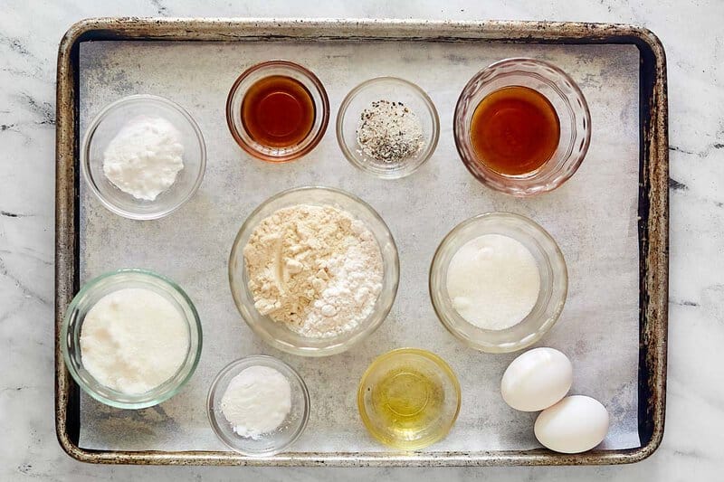 Copycat McDonald's pancakes and syrup ingredients on a tray.