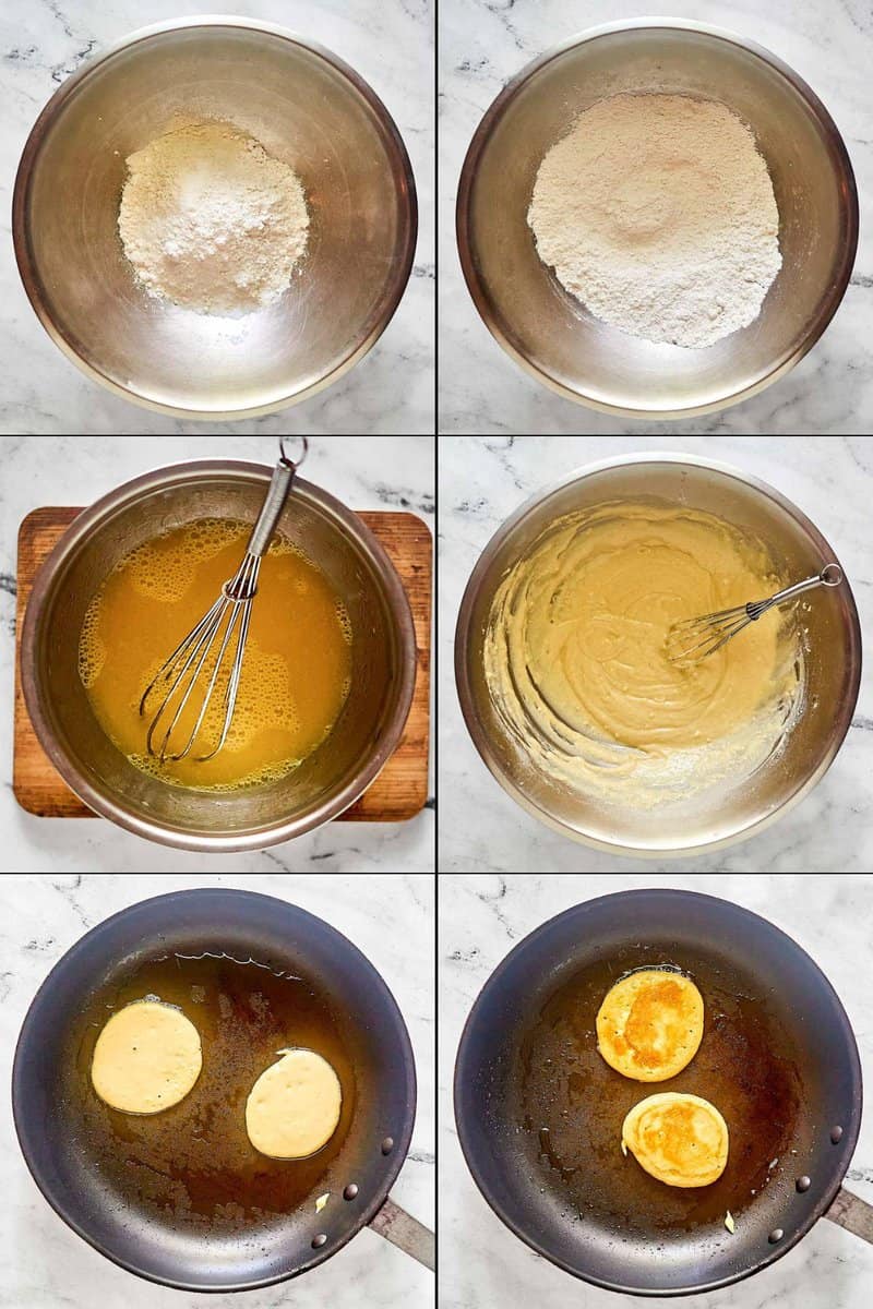 Collage of making copycat McDonald's pancakes.