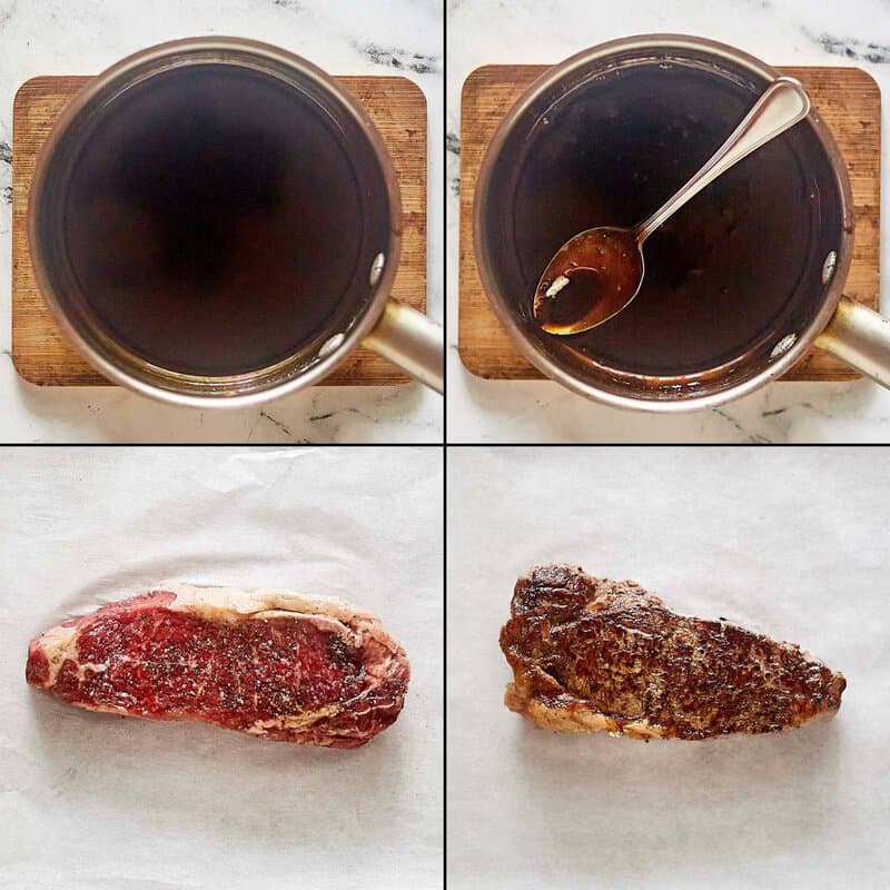 Making balsamic reduction sauce and cooking a steak.