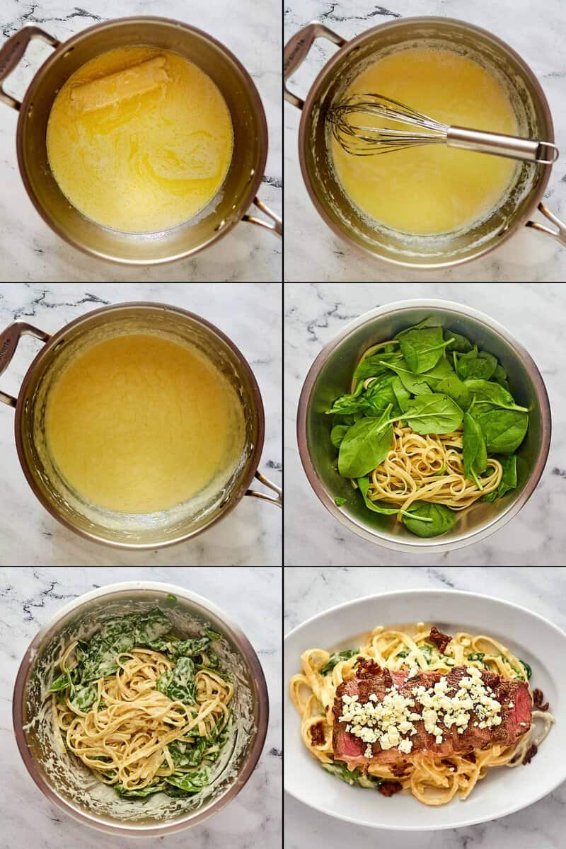 Making alfredo sauce and finishing the steak gorgonzola pasta dish.