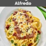 Homemade Olive Garden steak gorgonzola alfredo pasta on an oval platter.